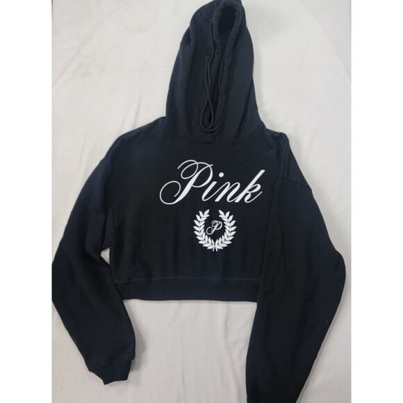 Victoria's Secret Women's Half Hooded Sweatshirt Hoodie Hood BLACK White Size XS - Picture 1 of 7